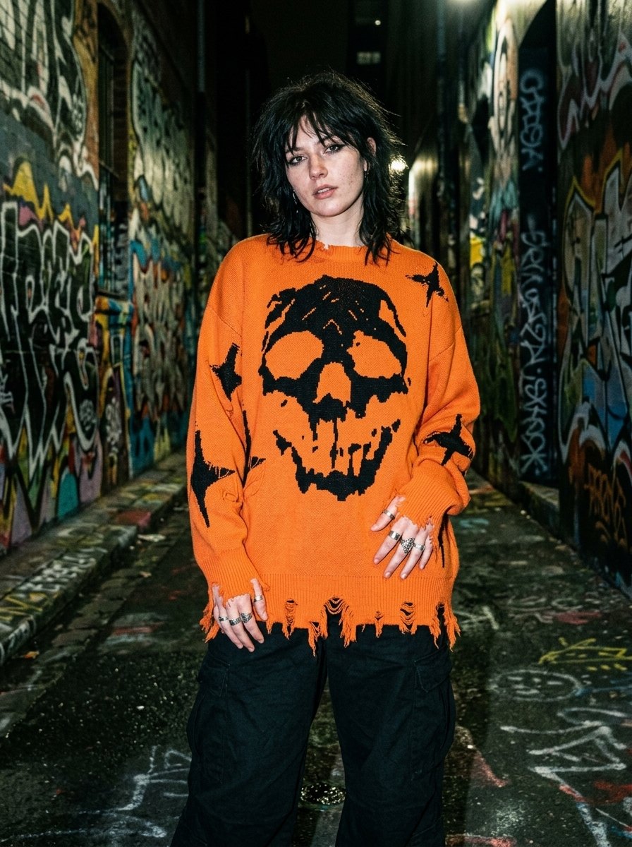 GRAVEKNIT skull knit sweater worn in a graffiti alley