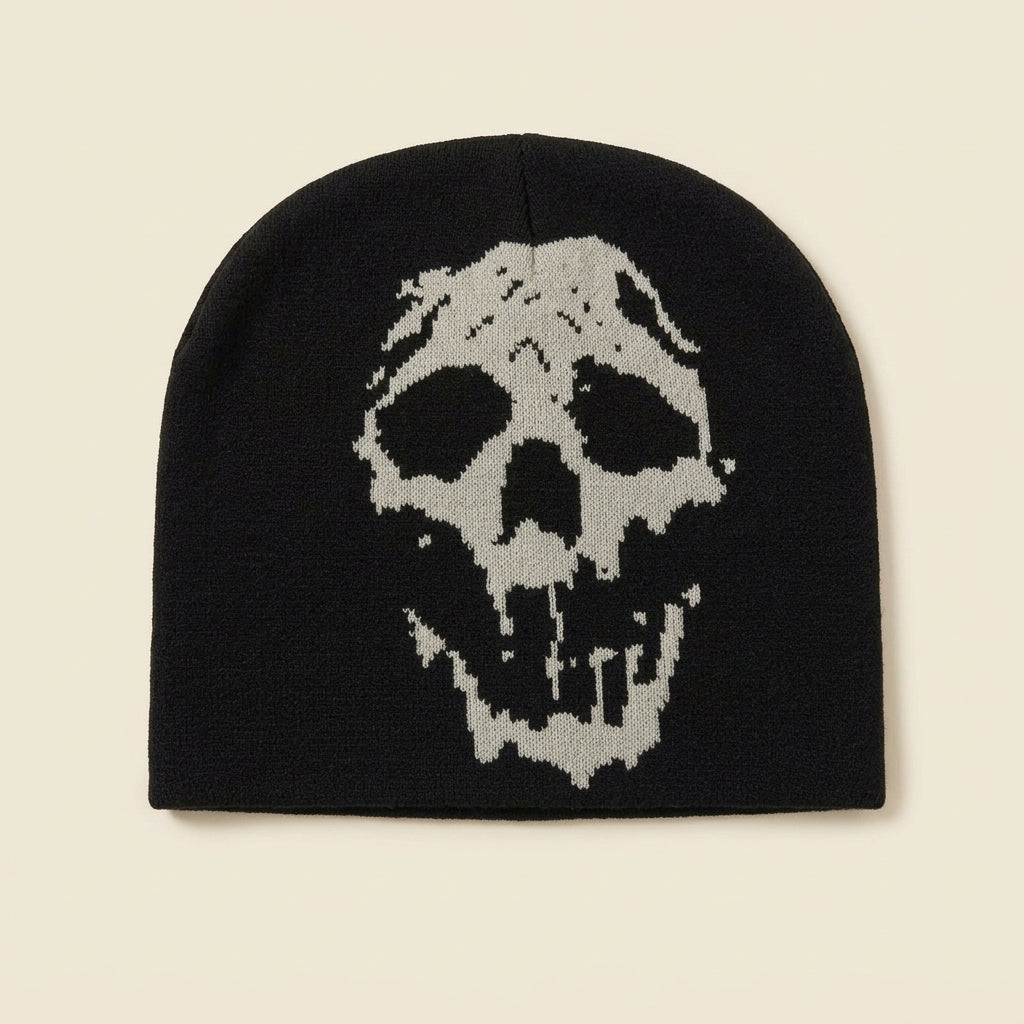 GRAVEKNIT dripping skull beanie, black with ash grey skull