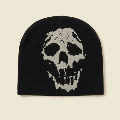 GRAVEKNIT dripping skull beanie, black with ash grey skull