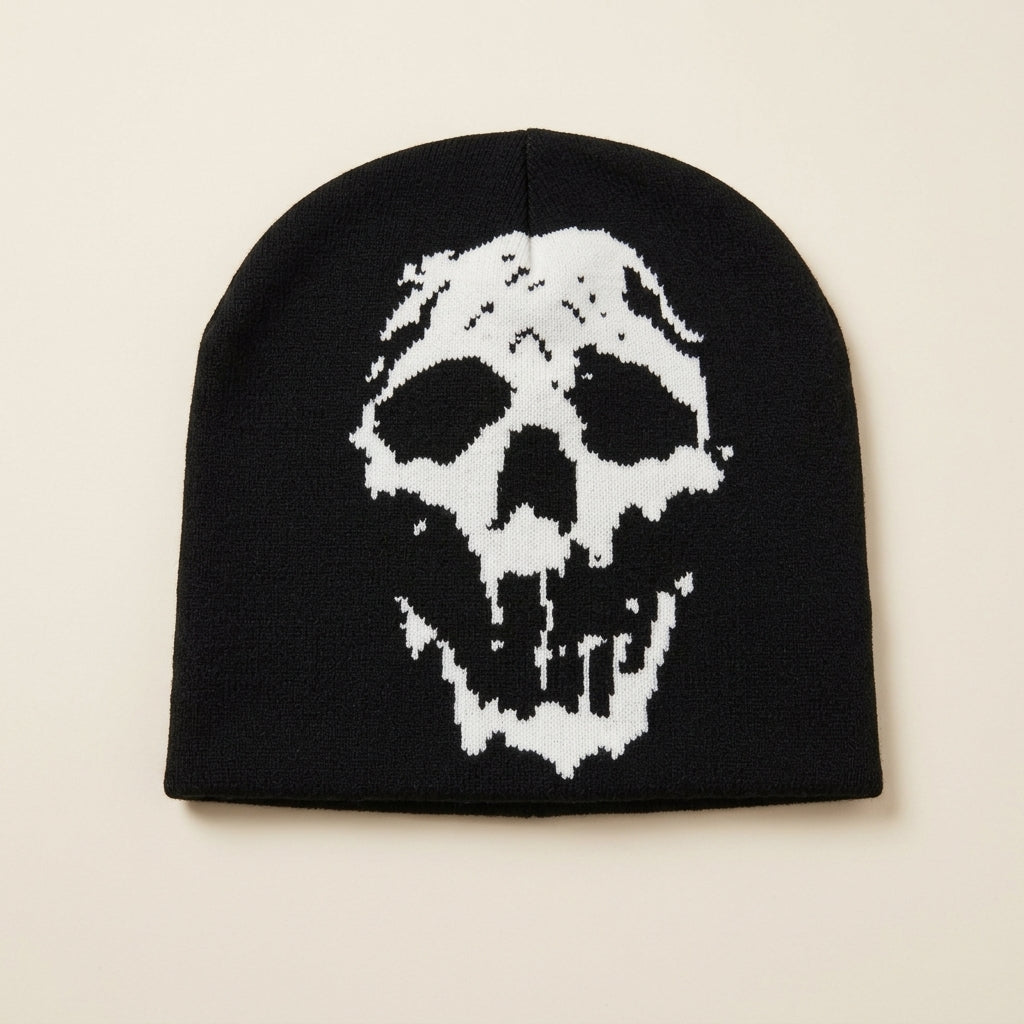 GRAVEKNIT dripping skull beanie, black with bone skull