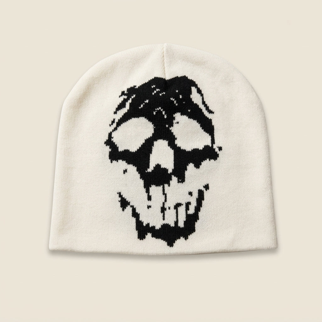GRAVEKNIT dripping skull beanie, bone with black skull