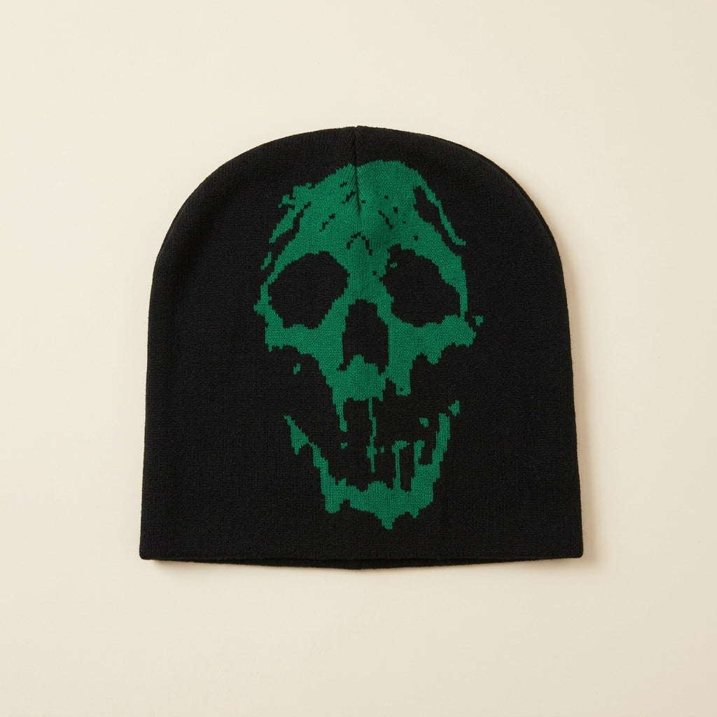GRAVEKNIT dripping skull beanie, black with toxic green skull