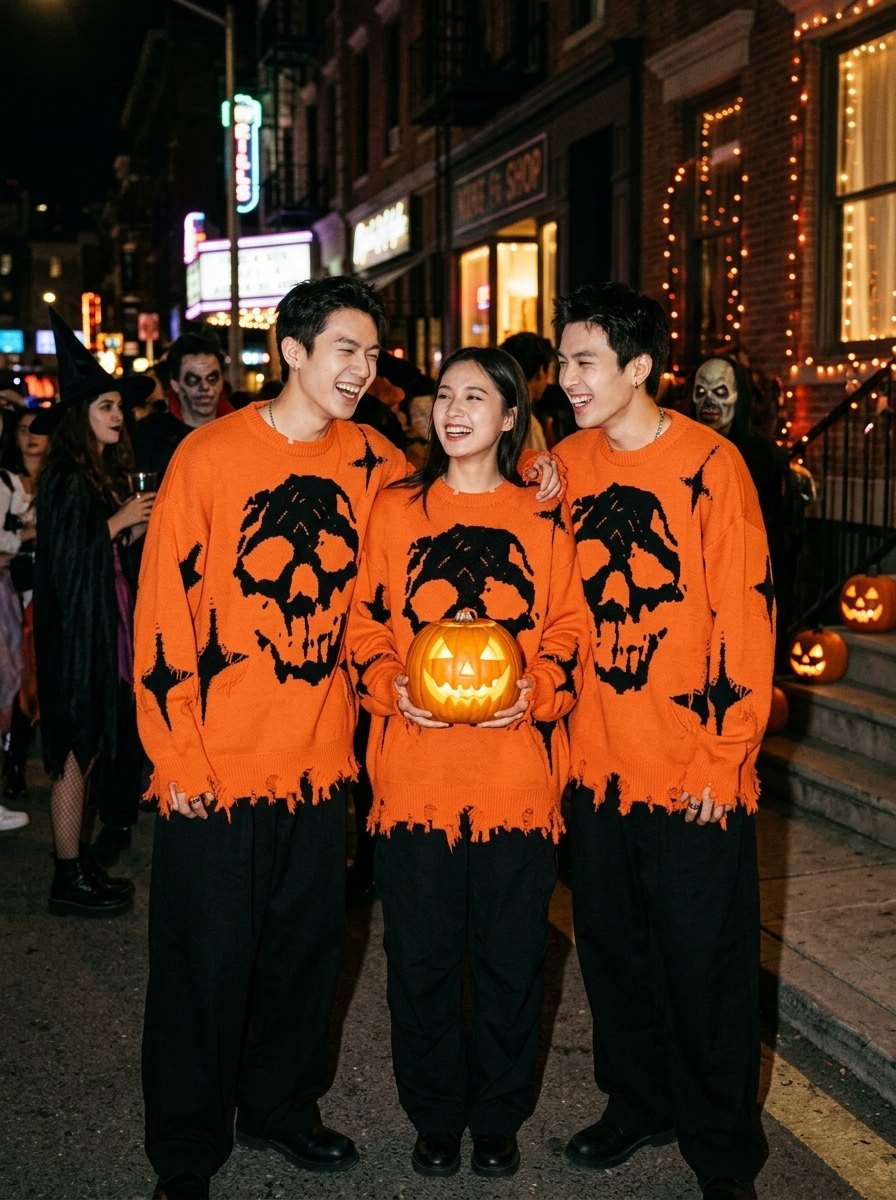 Three friends in matching GRAVEKNIT skull sweaters