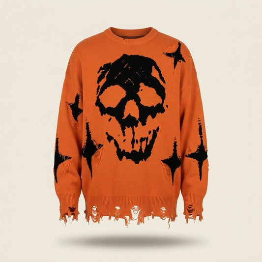 GRAVEKNIT skull distressed knit sweater front, pumpkin orange