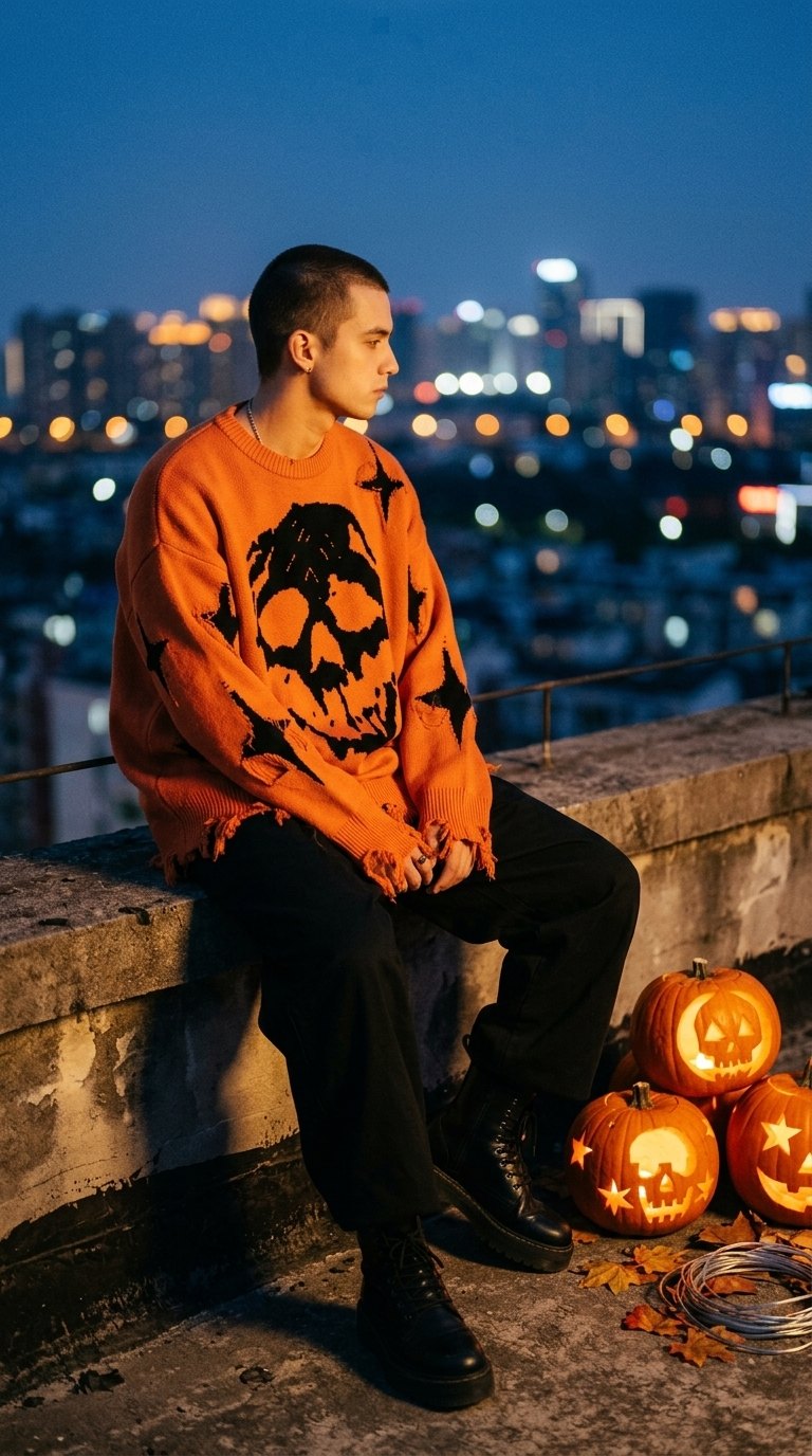 Man wearing the skull knit sweater