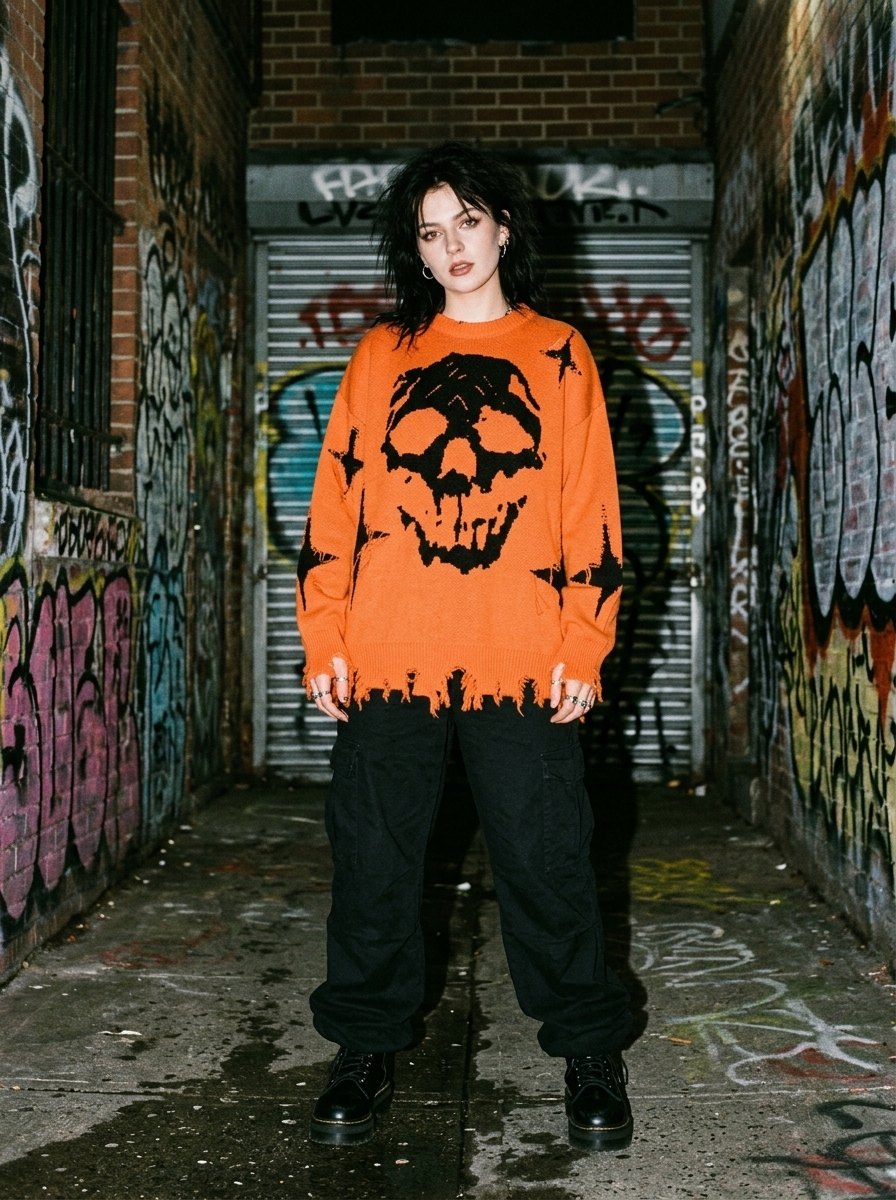 Woman wearing the skull knit sweater