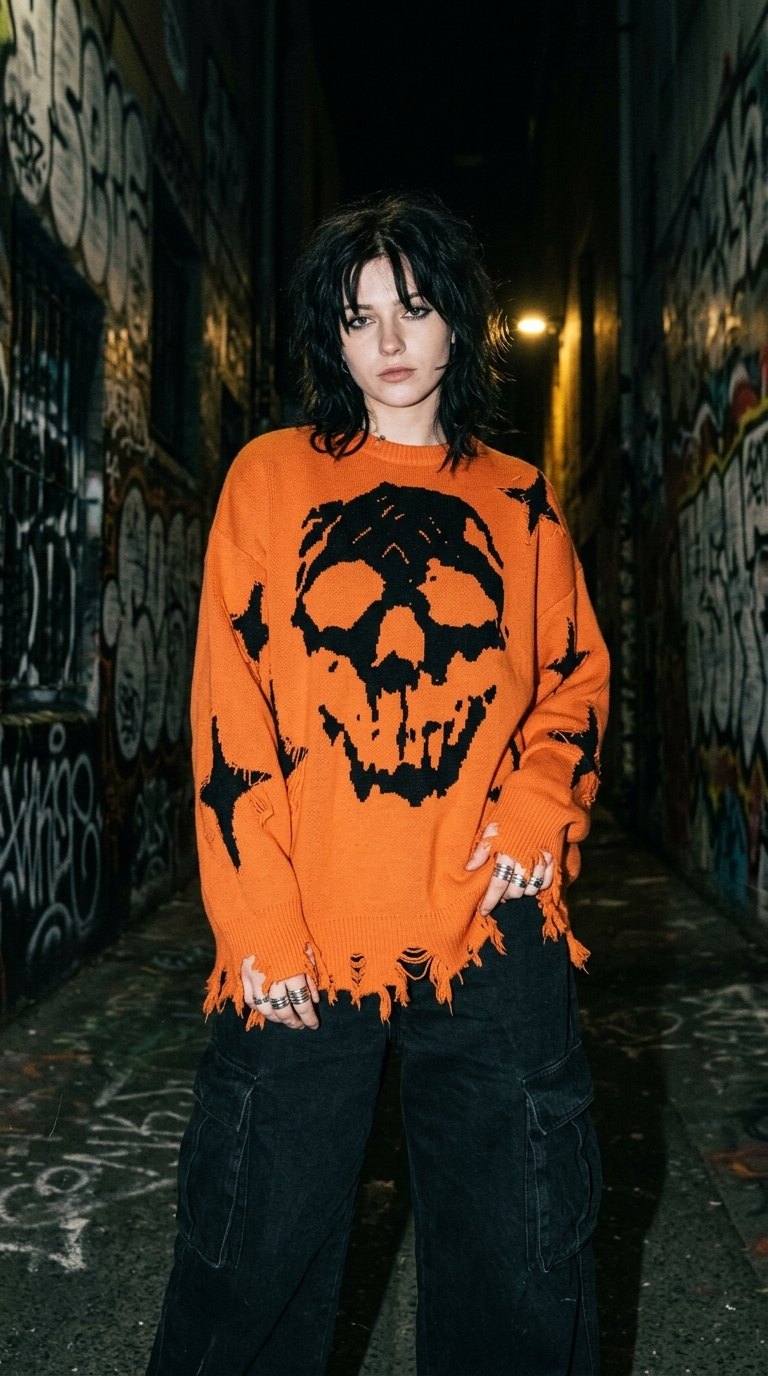 Woman wearing the skull knit sweater in an alley